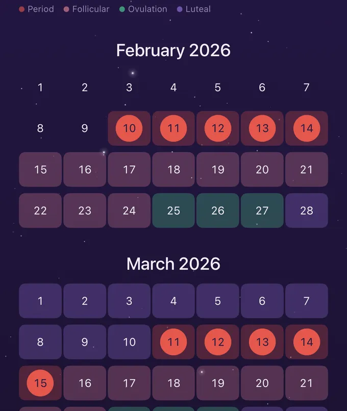 June's calendar with period, fertile window and ovulation marked